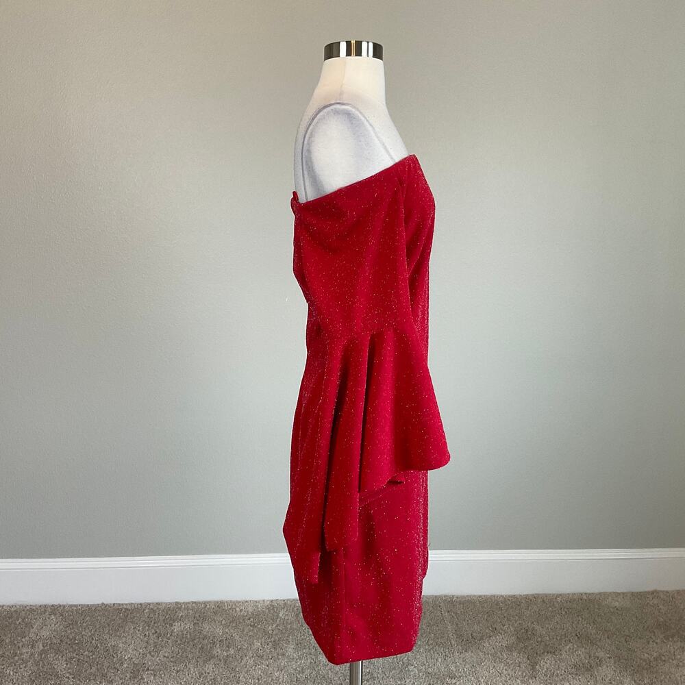 Vince Camuto Red Cocktail Dress Metallic Off the Shoulder Mini Sheath Size Large - Picture 4 of 11